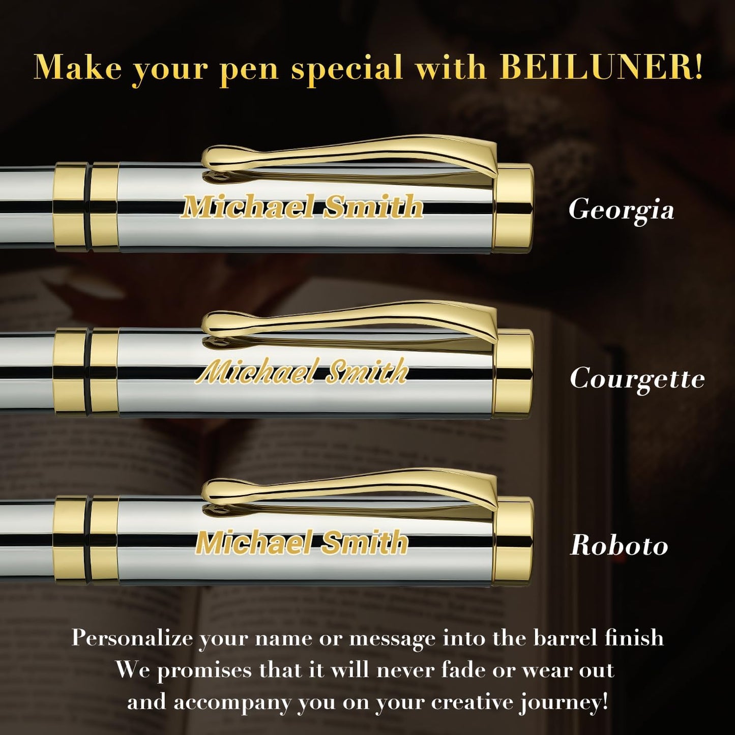 BEILUNER Ballpoint Pens, Stunning Black Chrome Metal Pen with Golden Trim, Best Ball Pen Gift Set for Men & Women, Professional, Executive, Office, Nice Pens-Gift Box with 0.5mm Black Extra Refill