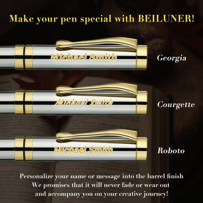 BEILUNER Ballpoint Pens, Stunning Black Chrome Metal Pen with Golden Trim, Best Ball Pen Gift Set for Men & Women, Professional, Executive, Office, Nice Pens-Gift Box with 0.5mm Black Extra Refill