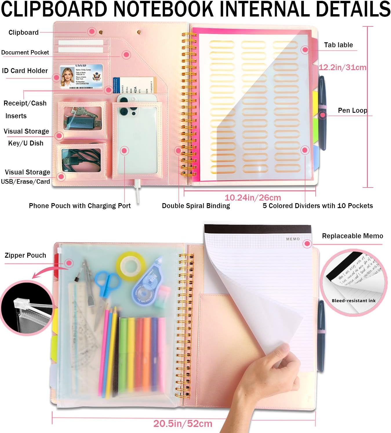 Grey Foldable Spiral Clipboard Folio with Storage Zipper Pouch, 5 Plastic Folders with Pockets,Refillable Lined Notepad (8.5" x 11"), Hardcover Project Organizer with 39 Stickers