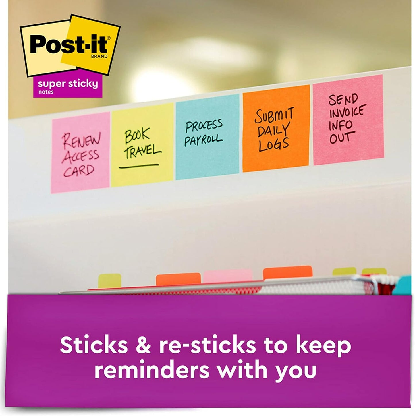 Post-it Super Sticky Notes, 3 Sticky Note Pads, 3 x 3 in., School Supplies, Office Products, Sticky Notes for Vertical Surfaces, Monitors, Walls and Windows, Supernova Neons Collection