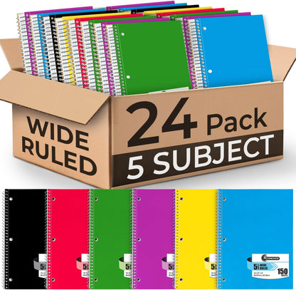 Rosmonde Spiral Notebooks, 24 Pack, 1 Subject Notebook, Wide Ruled, 70 Sheets, 8 x 10-1/2", 3 Hole Punched, School Supplies, Bulk Single Subject Spiral Notebook Bulk, Assorted Colors Pack of Notebooks