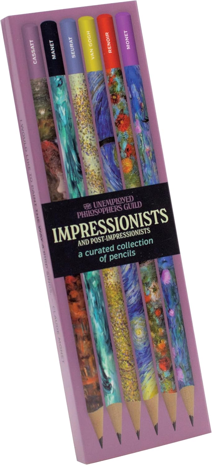 The Unemployed Philosophers Guild Impressionists Pencil Set - Box Wooden Paint-Dipped Unsharpened #2 Lead Pencils, Set of 6 Unique Designs