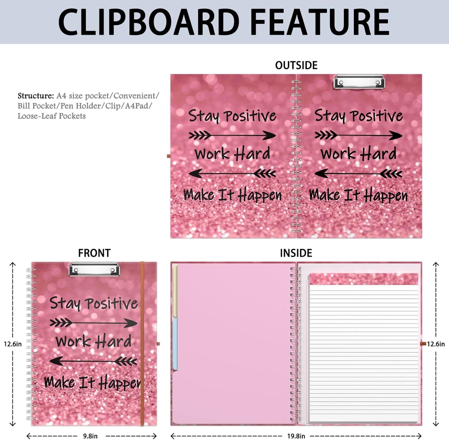 Rimilak Spiral Clipboards Folio with Refillable Lined Notepad, 14.5 x 9.8 In, Hardcover Cover with 5 Interior Pockets, Elastic Band and Pen Loop Series. Cute Stylish Clipfolio, Daisy Flower
