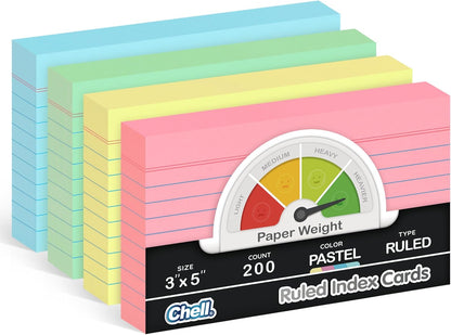 Chell Extra Heavyweight Index Cards 3x5 Inch, No Bleed-Through, 100 Count, Ruled Front and Blank Back, 80 lb. Cover Weight, Pastel Colors