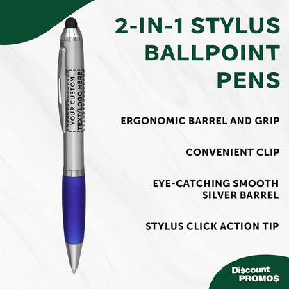 DISCOUNT PROMOS Custom Stylus Ballpoint Pens Set of 10/50/100, Personalized Bulk Pack - Black Ink, Great for Office, School, Business, Tradeshows, Events - Purple