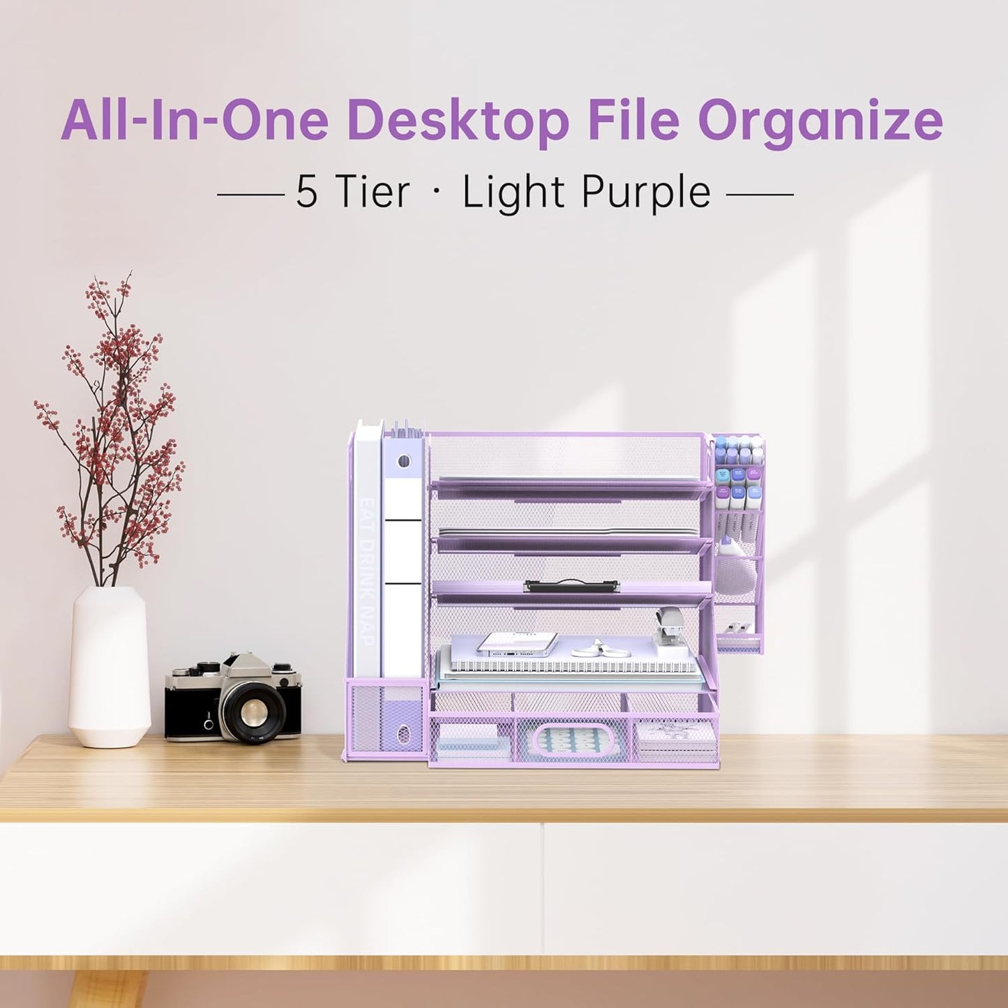SUPEASY Desk Organizer with File Holder, 5-Tier Mesh Paper Letter Tray Organizer with Pen Holder and Drawer, Desktop Organizer and Storage with 3 Tilted File Sorter for Office Supplies, Blue