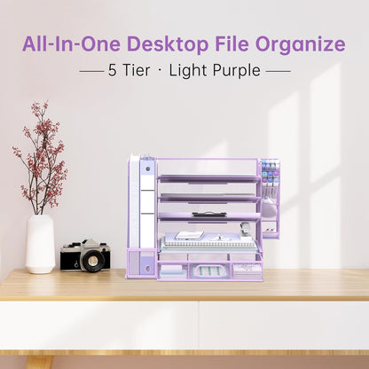SUPEASY Desk Organizer with File Holder, 5-Tier Mesh Paper Letter Tray Organizer with Pen Holder and Drawer, Desktop Organizer and Storage with 3 Tilted File Sorter for Office Supplies, Blue