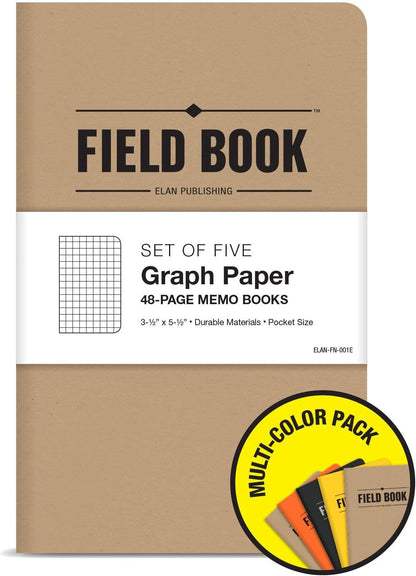 Elan Publishing Company Field Notebook/Pocket Journal - 3.5"x5.5" - Combination of Kraft, Black, Orange, Yellow - Graph Memo Book - Pack of 5