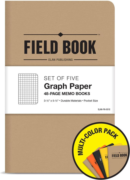 Elan Publishing Company Field Notebook/Pocket Journal - 3.5"x5.5" - Combination of Kraft, Black, Orange, Yellow - Graph Memo Book - Pack of 5