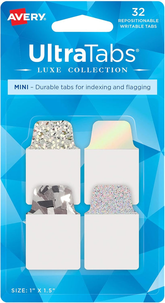 Avery Ultra Tabs Luxe Collection, 1" x 1.5" Mini Tabs, Holographic Iridescent Designs, Repositionable, 32 Total (74178)