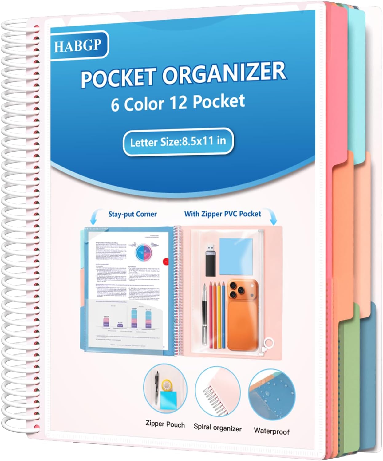 HABGP 12 Pocket Plastic folders with Pockets, 6 Colors Multi Pocket Folder Binder with Dividers, Office Organizer Folder Letter Size School Supplies