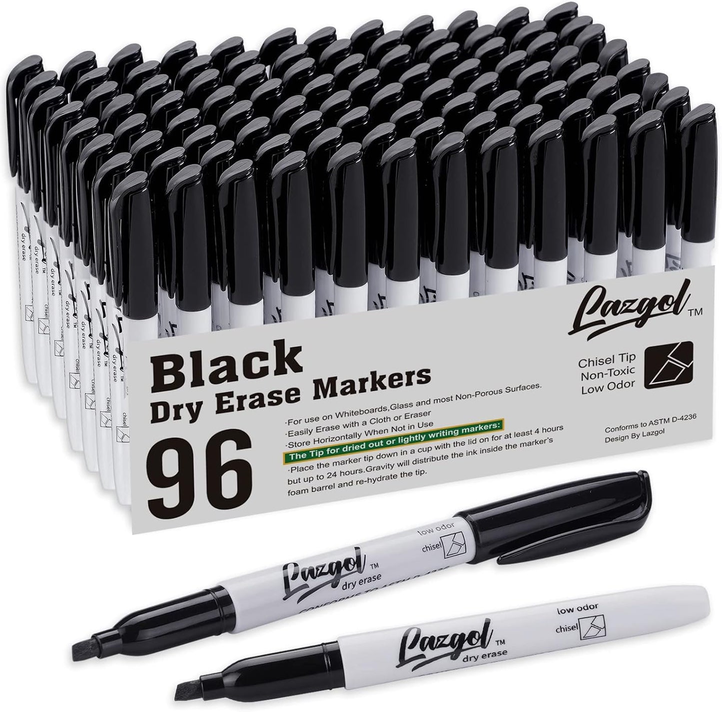 LAZGOL Dry Erase Markers Bulk, 96 Pack Black Dry Erase Markers Chisel Tip, Low Odor Whiteboard Markers for School, Office Supplies, Perfect for Writing on White Board, Mirror,Calender
