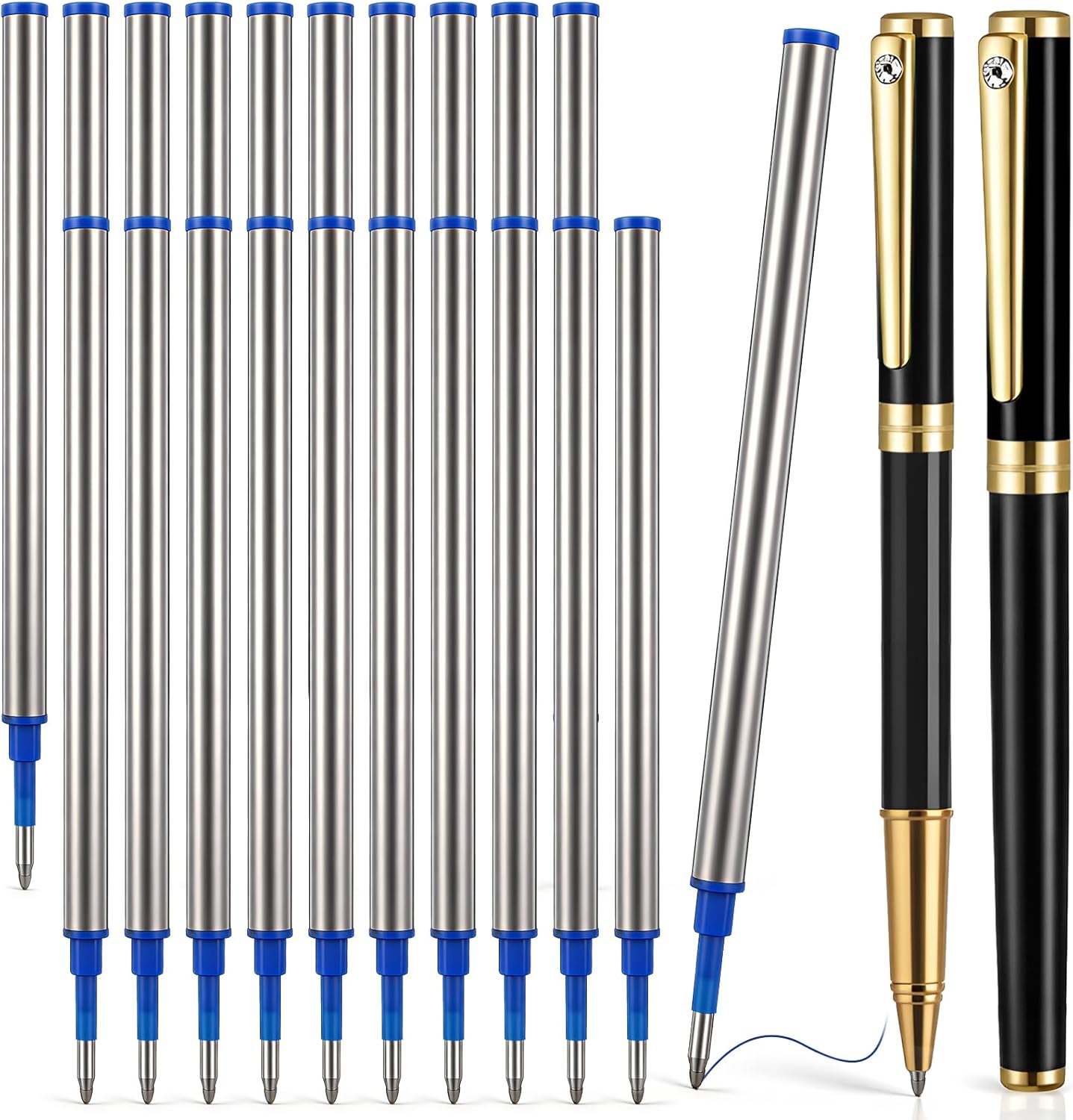 Sherr 20 Pcs 4.4 inch Replaceable Rollerball Pen Refills 0.5mm Fine Point Metal Body Refills Compatible with Mainstream Fountain Pens Smooth Writing Quick Dry Anti-Bleed for School Office(Black Ink)