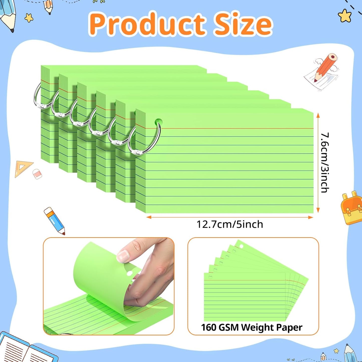 Index Cards 3x5 Inches, 300 PCS, Colored Flash Cards With Ring, Punched Lined Study Card Ruled Flashcards Notecards, Ruled Front And Blank Back, Note Card for School, College And Home