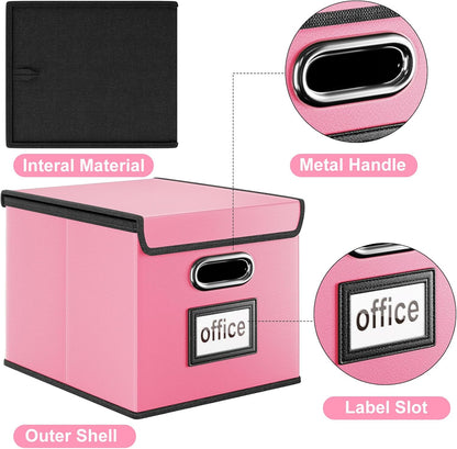 Huolewa Upgraded Portable File Organizer Box with Lid, Collapsible Linen Hanging Filing Storage Boxes with Plastic Slides, Decorative Home/Office Filing System Box for File and Folders Storage (Gray)
