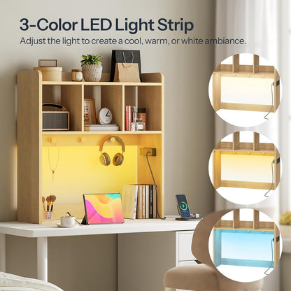 HOOBRO Desktop Bookshelf, Office Desktop Shelf, Desk Hutch with Outlets, Wooden Office Desktop Bookcase, Desktop Organizer Shelf with LED Light Strip and 3 Hooks, for Home, Study, White WT12UDSJ01