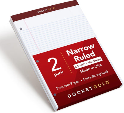 TOPS Docket Gold Writing Pads, 8-1/2" x 11-3/4", Narrow Rule, 3-Hole Punched, White Paper, 100 Sheets, 2 Pack (99706)