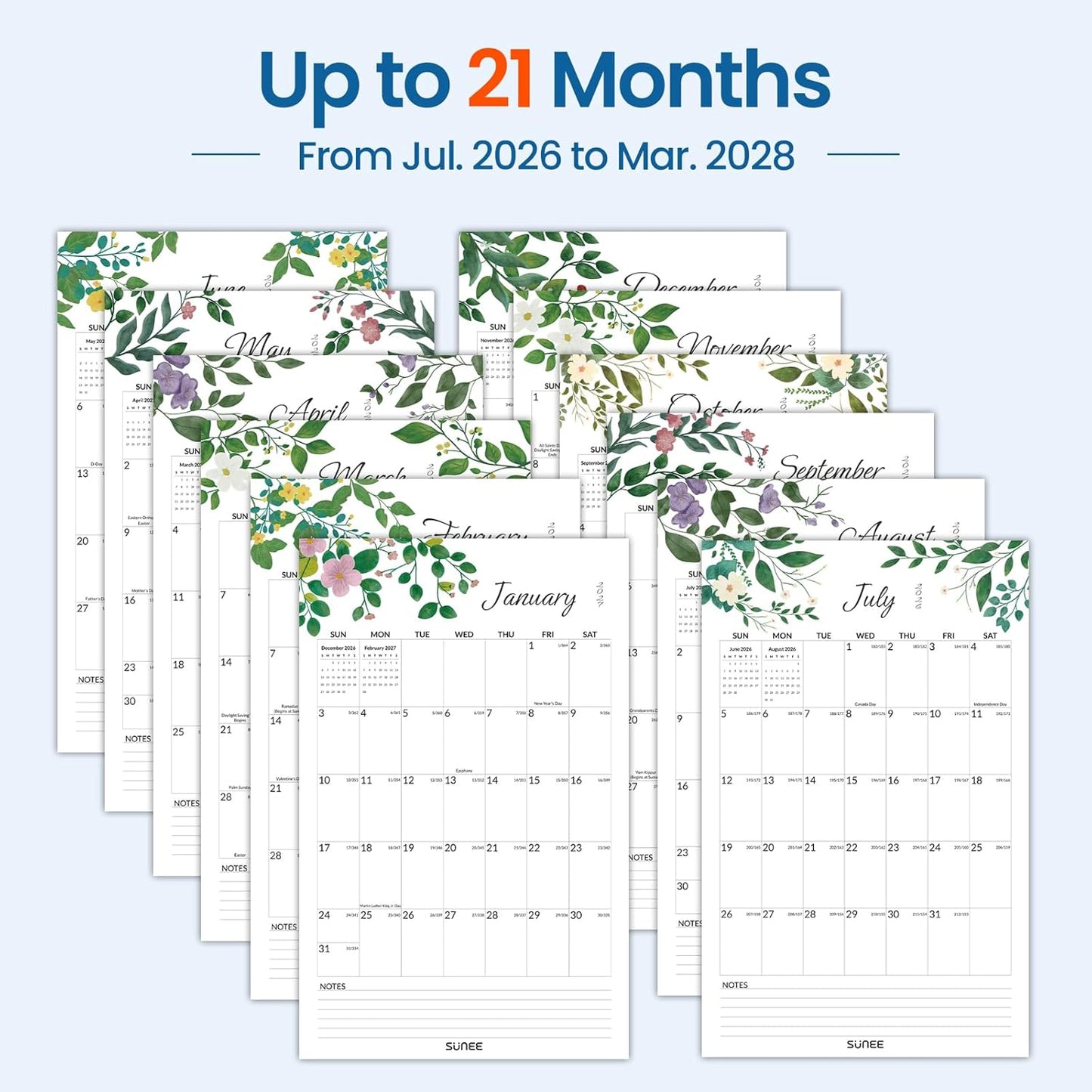 SUNEE 2026 Wall Calendar Large 22.75"x15.5", 21 Month Calendar (Ends December 2027), Vertical Extra Large, Seasons Color