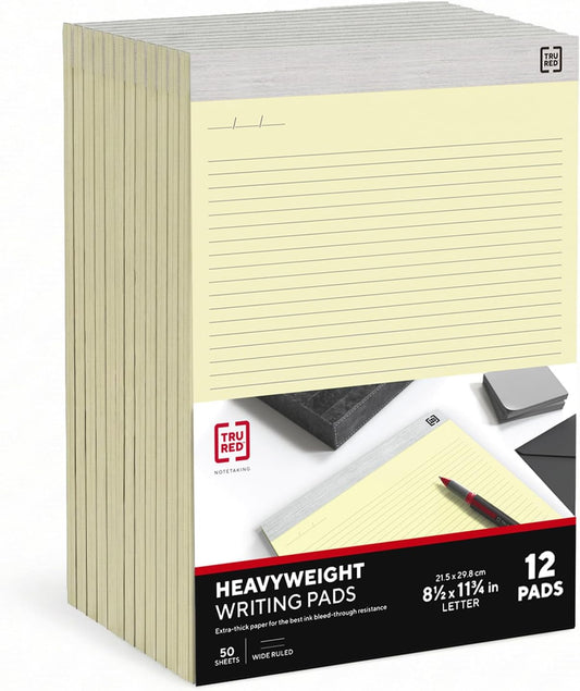 TRU RED Notepads, 8.5” x 11.75”, Narrow Ruled, Ivory, Perforated, 12‑Pack