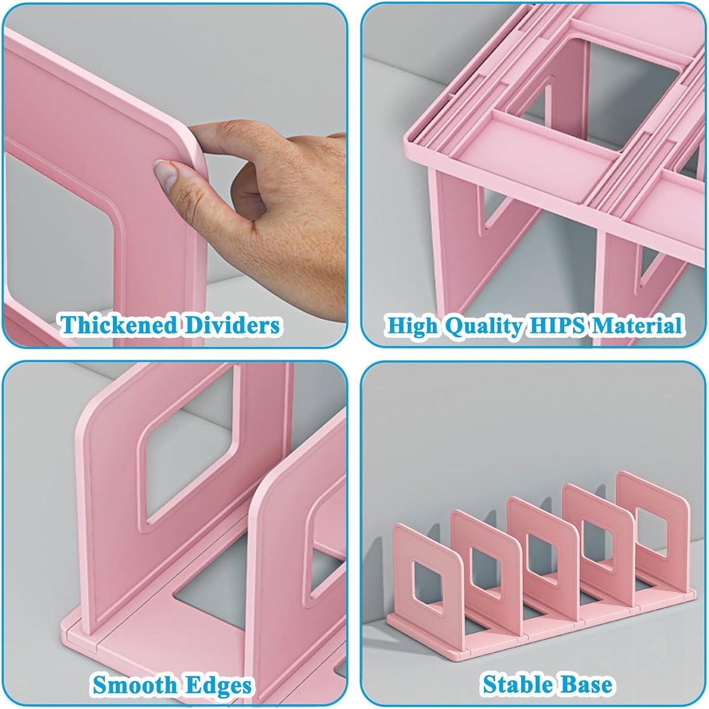 SAYEEC Desk File Sorter Vertical Desktop File Folder Organizer 4 Section Plastic Book Holder Adjustable Shelf Dividers Closet Purse Handbag Mail Binder Organizer Magazine Rack Stand Bookshelf (Pink)