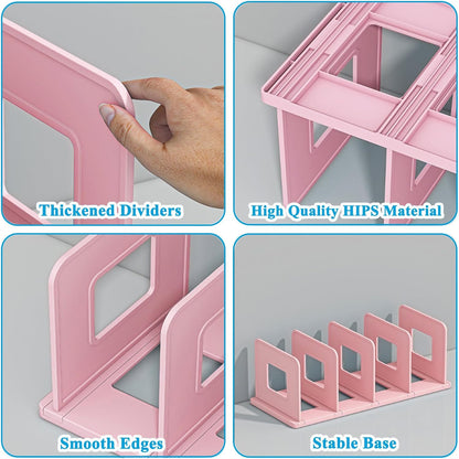 SAYEEC Desk File Sorter Vertical Desktop File Folder Organizer 4 Section Plastic Book Holder Adjustable Shelf Dividers Closet Purse Handbag Mail Binder Organizer Magazine Rack Stand Bookshelf (Pink)