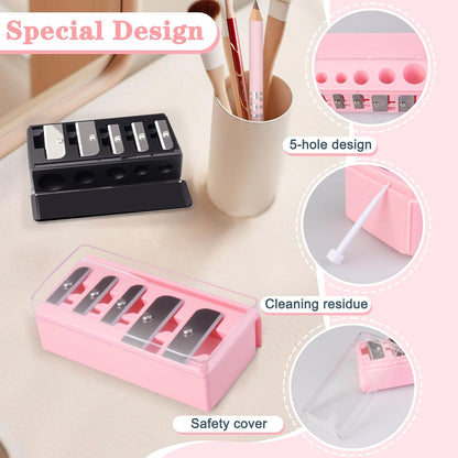 2 Pcs 5 Hole Long Point Manual Makeup Pencil Sharpener with Plastic Lid, Suitable for Eyeliner, Lip Liner and Eyebrow Pencil, Sharpener for Makeup Pencils (Black+Pink)