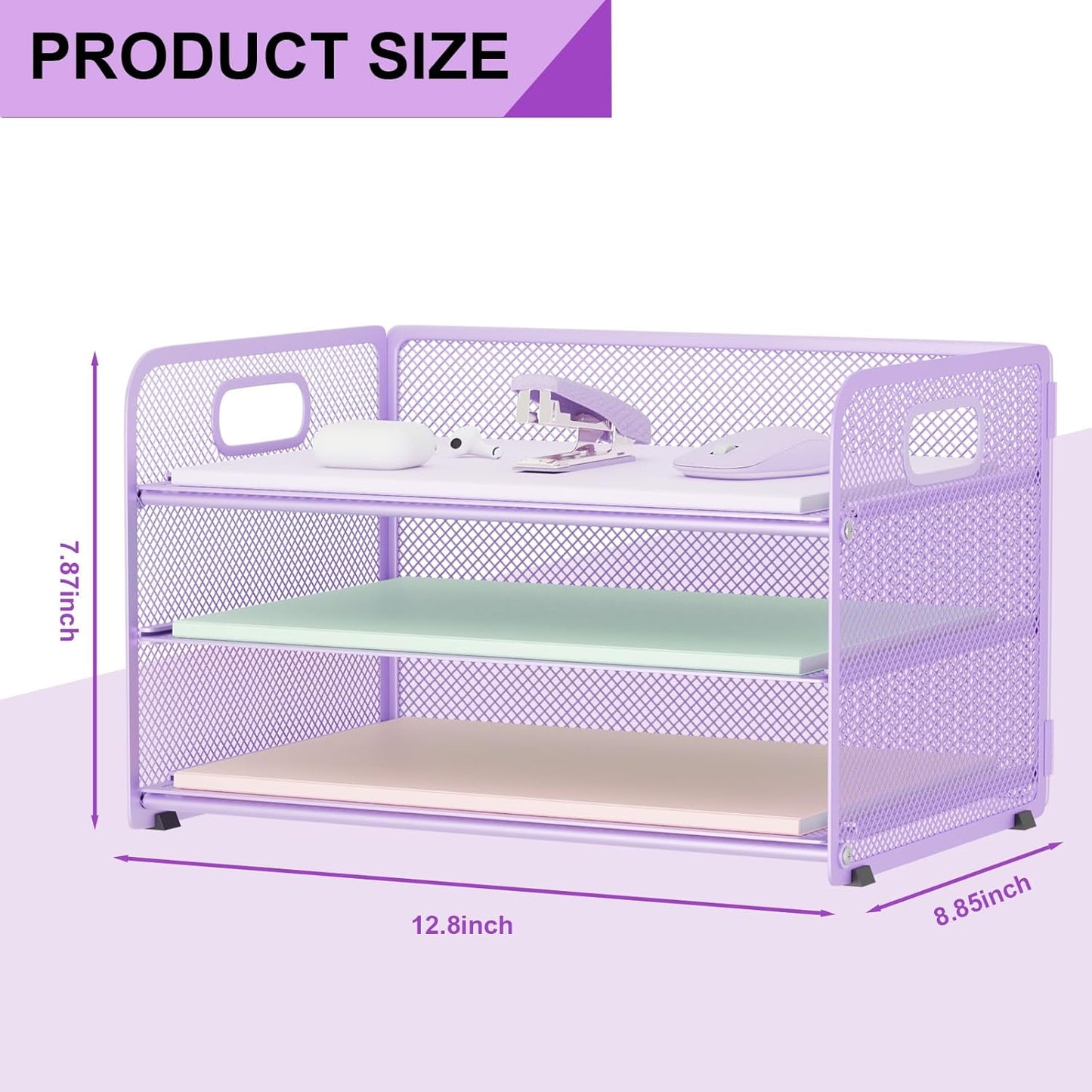 3 Tier Paper Letter Tray Organizer for Desk, Mesh File Folder Document Organizer with Handle for Home Office Supplies Desktop Accessories, Pink