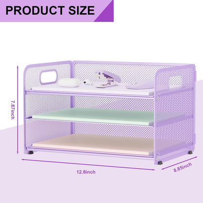 3 Tier Paper Letter Tray Organizer for Desk, Mesh File Folder Document Organizer with Handle for Home Office Supplies Desktop Accessories, Pink