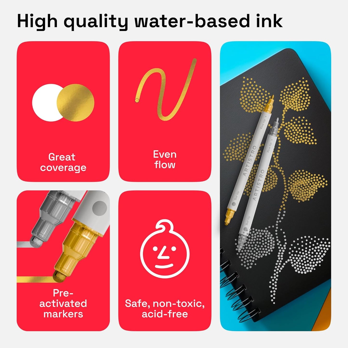 ARTISTRO 2 Red Dual-Tip Acrylic Paint Pens - Multisurface Markers for Glass, Rock, Fabric, Wood, Plastic & More - 1 mm Fine & Brush Tips