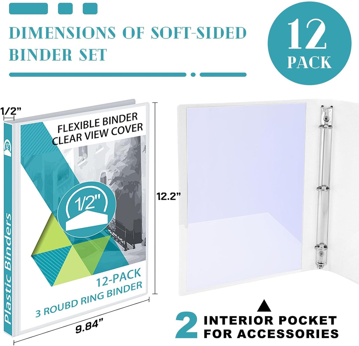 Fulmoon 12 Pcs Economy View 3 Ring Plastic Binder 12.2 x 9.8 Inch Plastic Round Ring Binders with Pockets Notebinder for Meetings for Home, Office, School(White, 1/2 Inch)