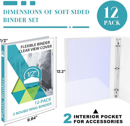 Fulmoon 12 Pcs Economy View 3 Ring Plastic Binder 12.2 x 9.8 Inch Plastic Round Ring Binders with Pockets Notebinder for Meetings for Home, Office, School(White, 1/2 Inch)