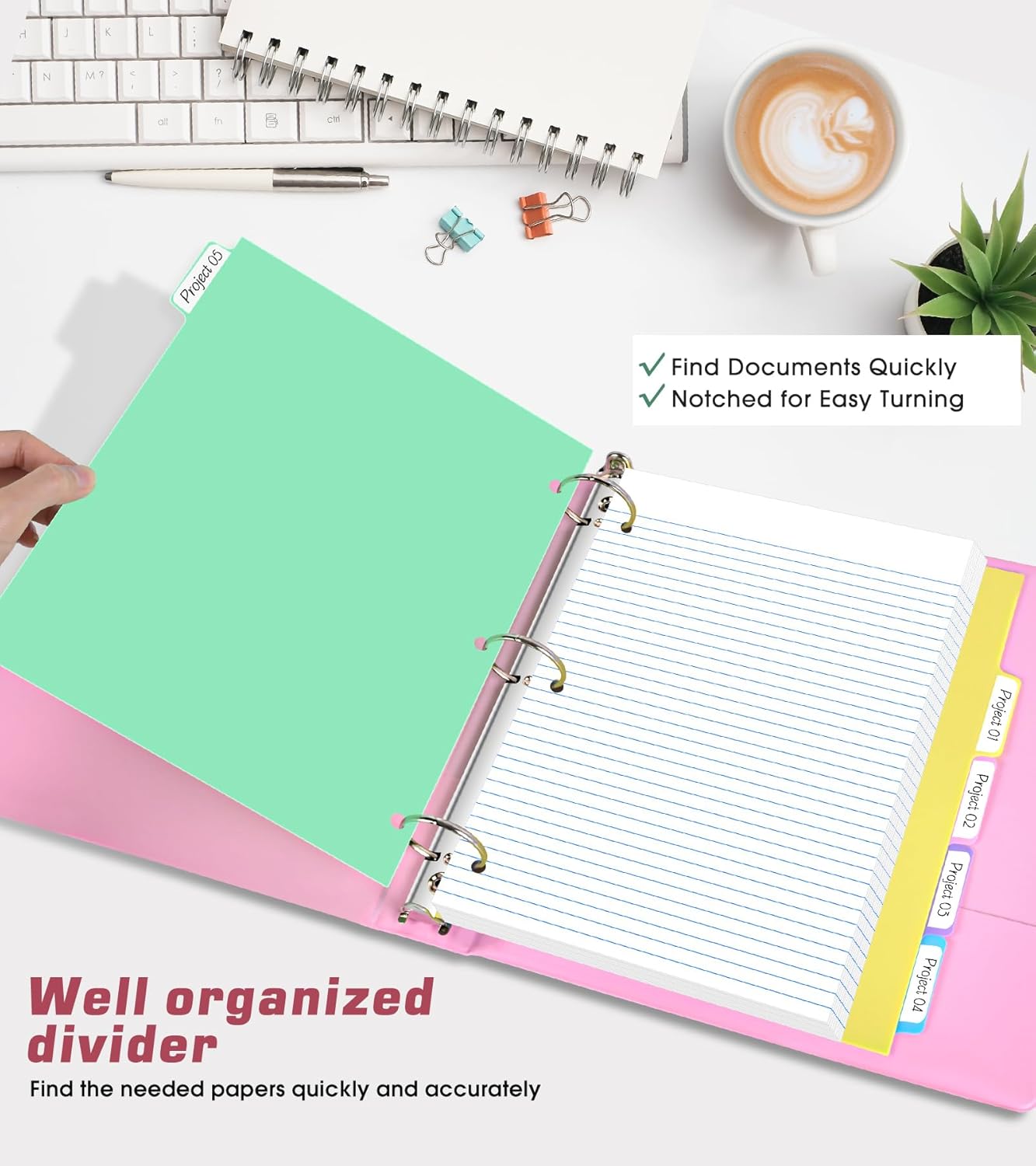 3 Ring Binder 1.5 inch，Cute Binder Organizer with 5 Tab Dividers Fits 175 Sheets of 8.5x11 Paper,Customizable Clear Cover with Inside Pockets,Aesthetic 1.5" Three Ring Binders for School Office,Purple