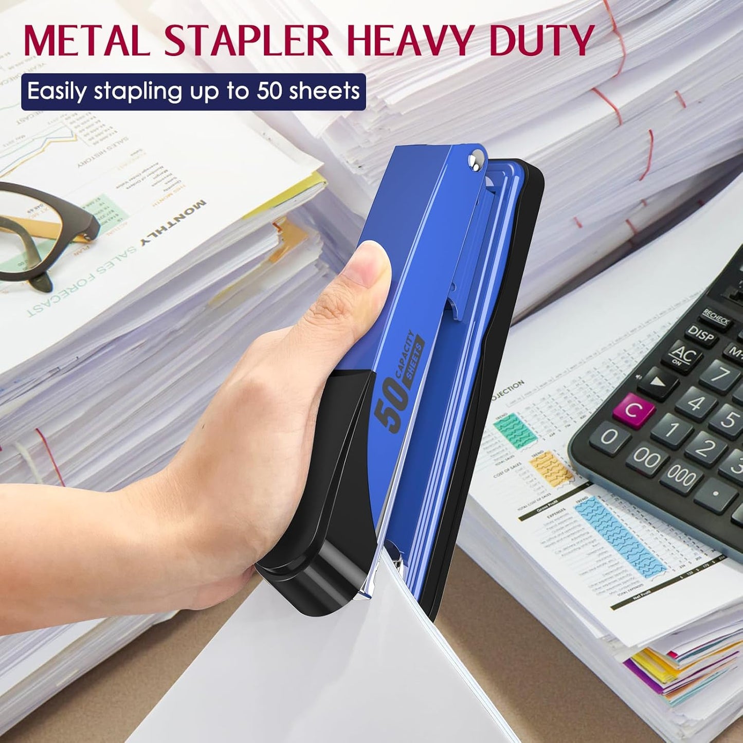 Metal Stapler Heavy Duty 50 Sheet Capacity with 1750 Staples and Staple Remover, Full Strip Staplers for Desk, No Jam, Non-Slip for Office & Classroom, Black