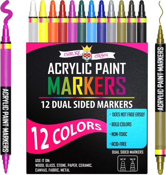 Acrylic Paint Markers Dual Tip (12 Pack) - Acrylic Markers Paint Pens for Rocks - Bold Acrylic Paint Pens Fine Tip and Dot Tip - Fabric Makers Permanent for Clothes Water Based Markers - Chalky Crown