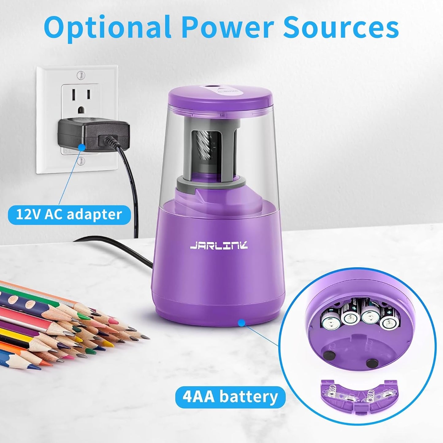 JARLINK Electric Pencil Sharpener, Heavy-Duty Helical Blade to Fast Sharpen, Auto Stop for No.2/Colored Pencils(6-8mm), AC Adapter/Battery Operated in School Classroom/Office/Home (Black)