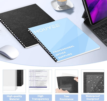HOUYEE 120 Pack Binding Covers and Backs Set, 8.5x11 Inches, Including 60 Pcs 10 Mil Clear Binding Covers, 60 Pcs 12 Mil Black Plastic Sand Texture Polycovers, Letter Size