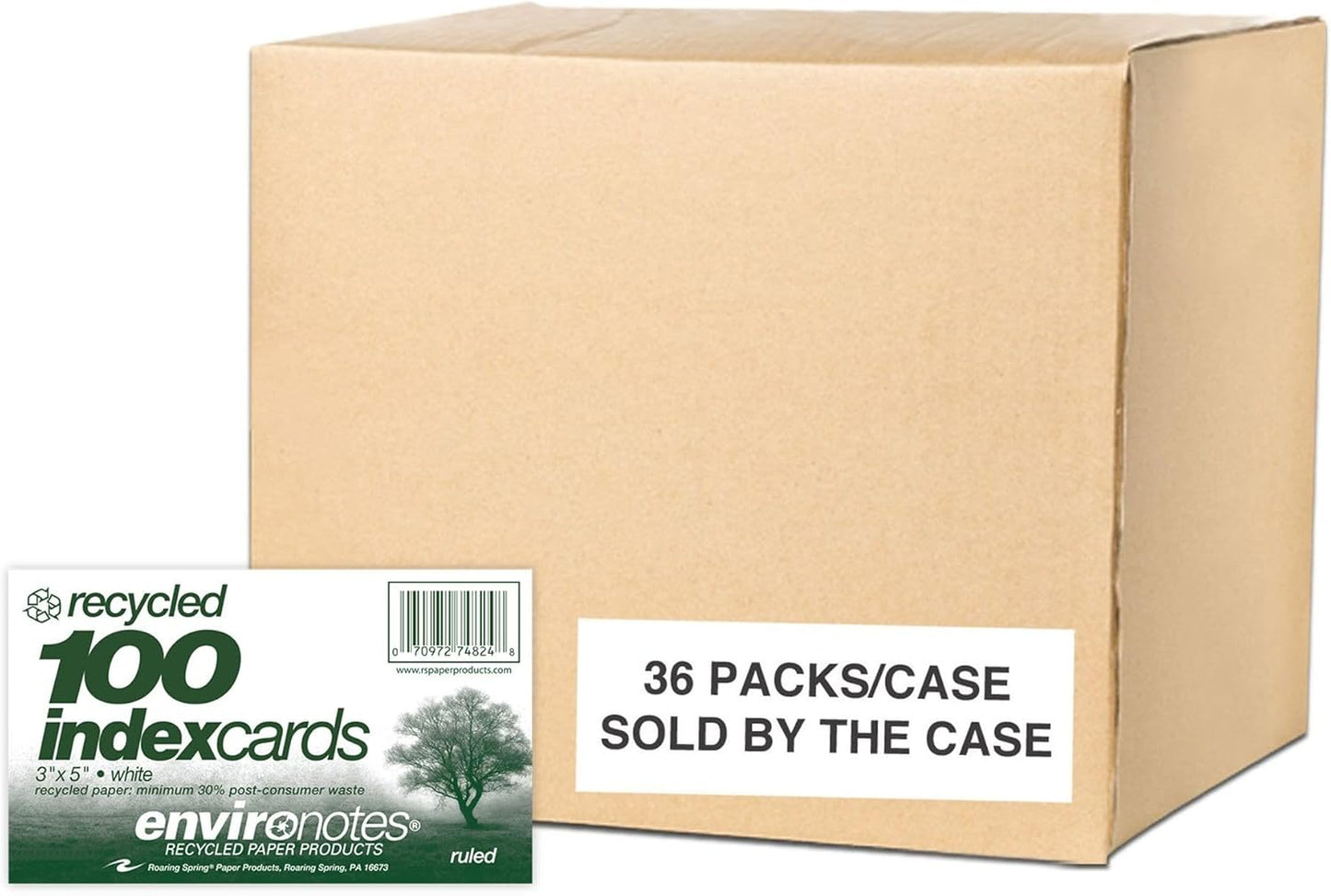Roaring Spring Recycled Index Cards 3"x5", 100 Count, Smooth 100# White Recycled Index Paper, Ruled on Front, Blank on Back (Pack of 1)