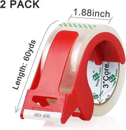 BOMEI PACK Heavy Duty Clear Packing Tape,2 Rolls with refillable Dispenser,Noiseless Packaging Tape 1.88 Inches x 55 Yards,Industrial Grade Boxes Shipping Tape for Moving,Mailing and Storages