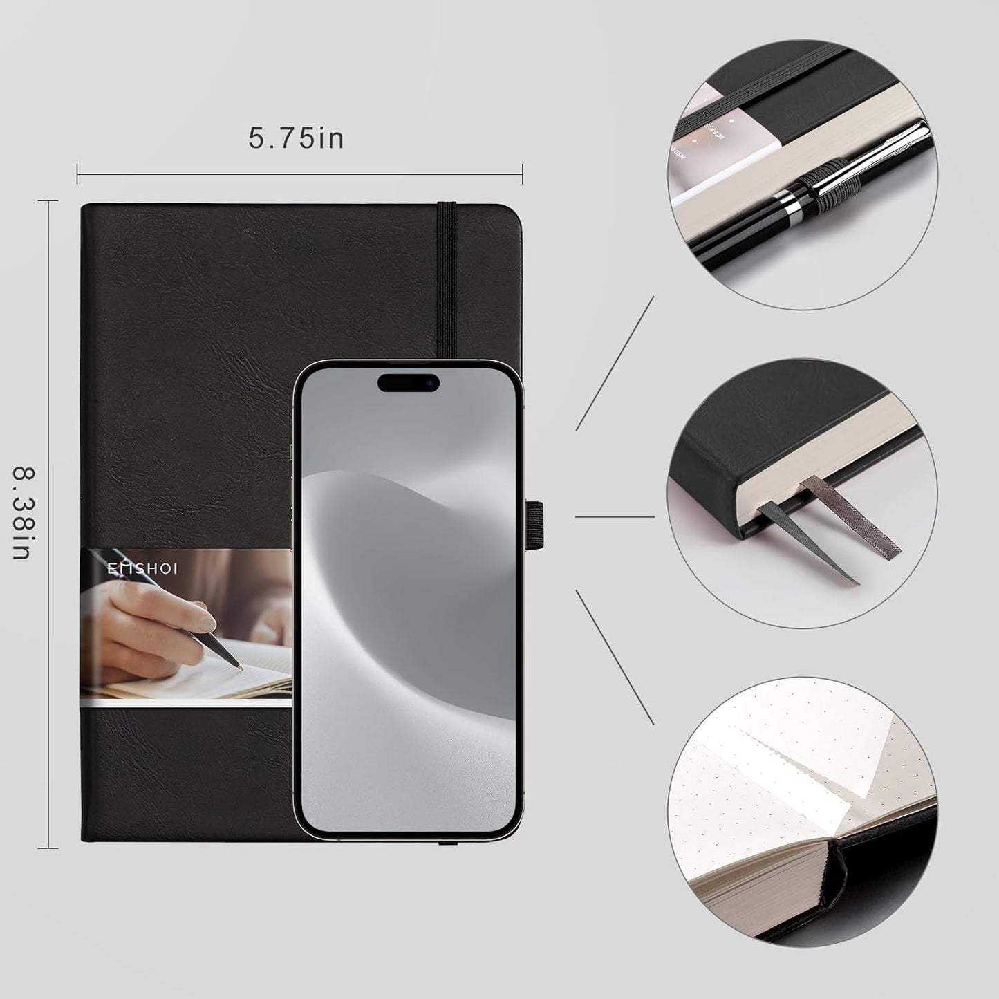 EMSHOI Graph Paper Notebook - 256 Pages A5 Graph Notebook/Journal, Hard Cover, 120gsm Thick Paper, Smooth PU Leather, Inner Pocket, 5.75'' × 8.38''-Black
