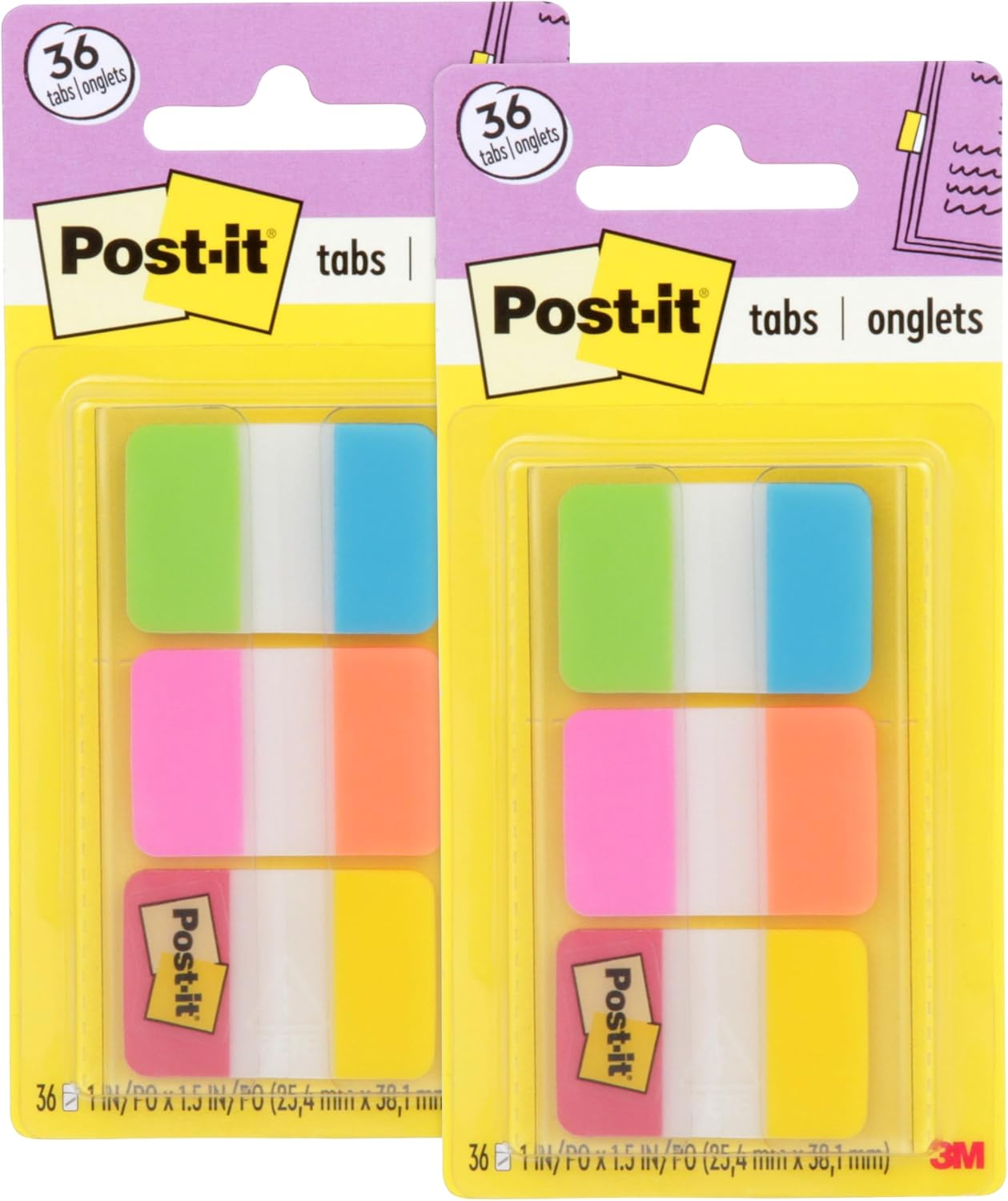 Post-it Tabs, 1 in Solid, Aqua, Yellow, Pink, Red, Green, Orange, 6/Color, 36/Dispenser (686-ALOPRYT)