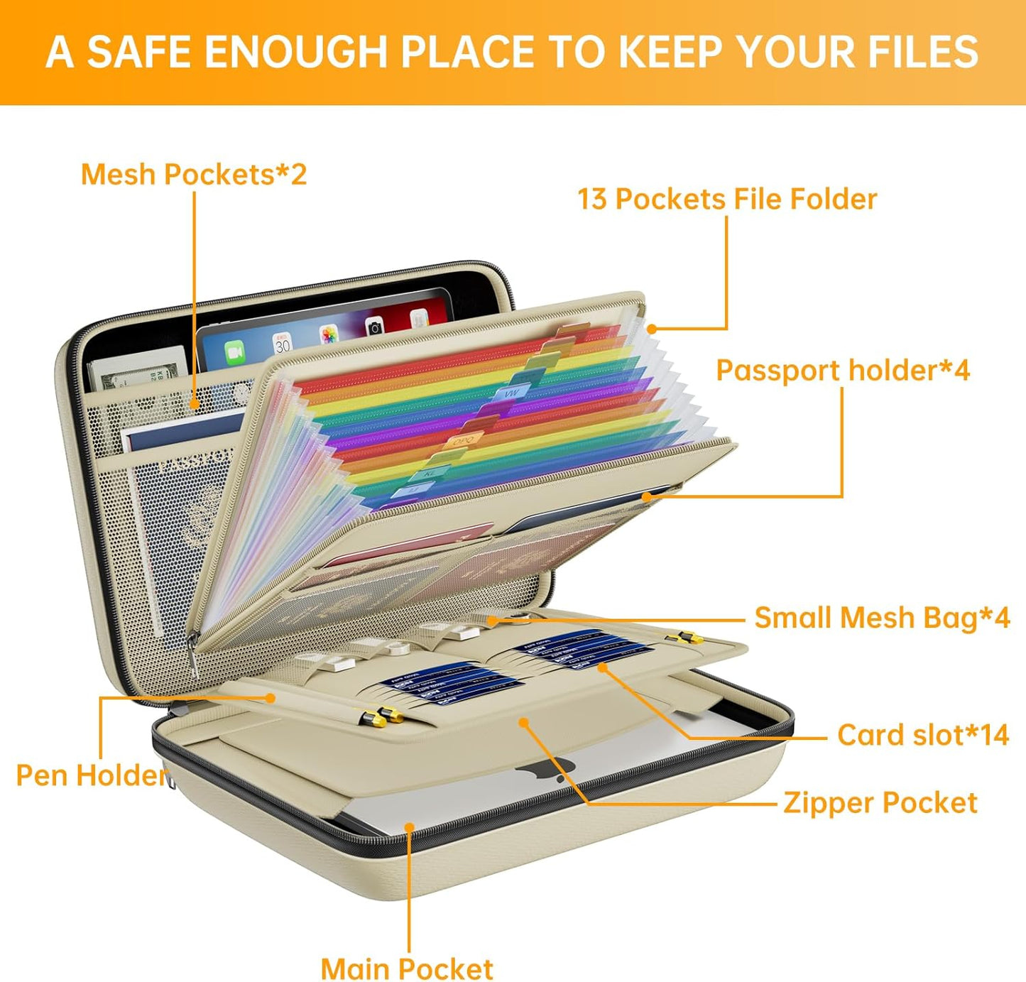 DocSafe Fireproof File Organizer with Lock, Hard-Shell Case Fireproof Document Box with 13 Pocket Accordion File Folder, Portable Home Office Travel Safe Storage for Important Documents Laptop Black