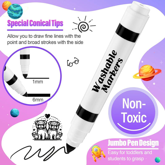 Janlaugh 24 Pcs Washable Markers Bulk Broad Line Markers Coloring Conical Tip Large pens for Kids art projects, Teachers, Students, Toddlers, Party Favors, Classrooms, Donations(Black)