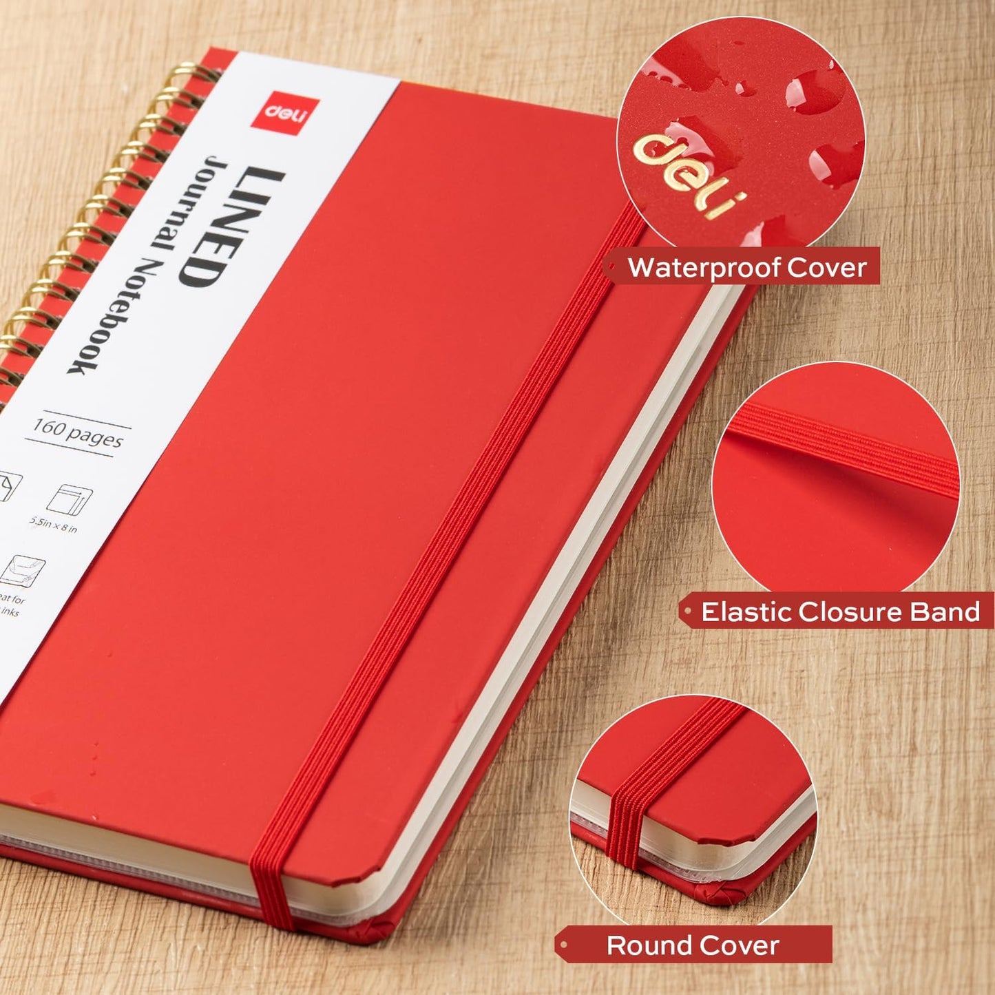 deli Rose Red Lined Spiral Journal Notebook, 160 Pages, A5 (5.5"x8") Hardcover Writing Notebook, College Ruled Spiral Bound Journal for Women & Men - Perfect for Work, School, Office & Note Taking