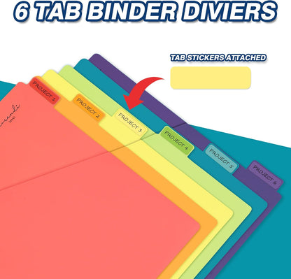 H4D 6-Tab Dividers for 3 Ring Binder, Plastic Dividers with Two Pockets, Letter Size, Pastel Colors, 1 Set