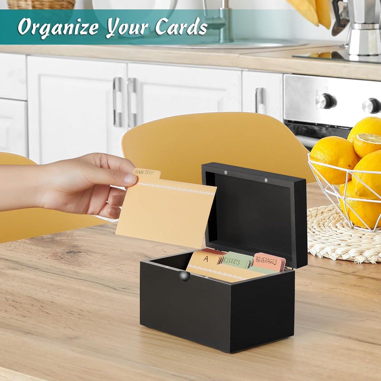 DRASTAR Index Card Holder, 3x5 Index Card Box, Wooden Index Card Organizer with 45 Dividers, Flashcard Notecard Holders for Home Office, Brown