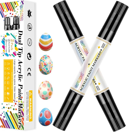 Paint Markers Paint Pens - 2 Pack Dual Tip Acrylic Permanent Marker (0.7mm & 3mm), Non-Toxic, Water-Based for Art Painting, Stone, Ceramic, Glass, Wood, Fabric, Metal, DIY Crafts (White)