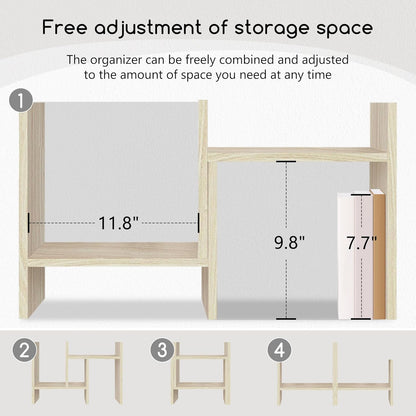 Jerry & Maggie Desktop Organizer Office Storage Rack Adjustable Wood Display Shelf Free Style Double H, Multi-Functional Mini Bookshelf for Desk Natural Stand (White)