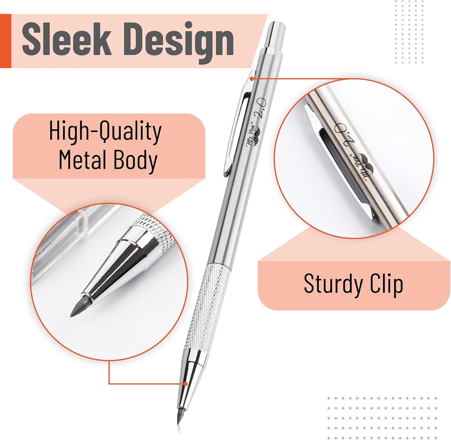 Mr. Pen- Metal Mechanical Pencil Set with Lead Refills & Erasers, 2mm, HB & Colored Lead Refills, 4x Eraser Refills for School Supplies, Note Taking, Drawing, Sketching, Office