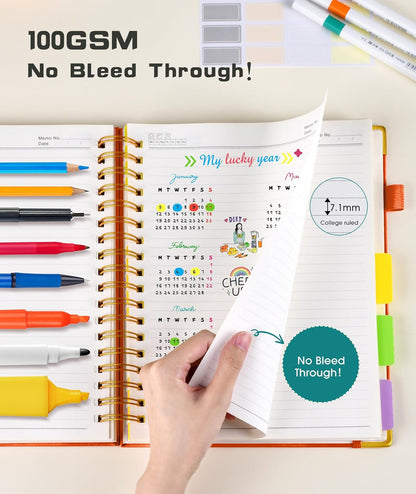 Hardcover Spiral Notebook Journal with Removable Dividers Tabs, 300 Pages Leather 5 Subject Notebook College Ruled, 8"x10" Large B5 Notebooks for Work School Note taking, Lined Journal for Women, Pink
