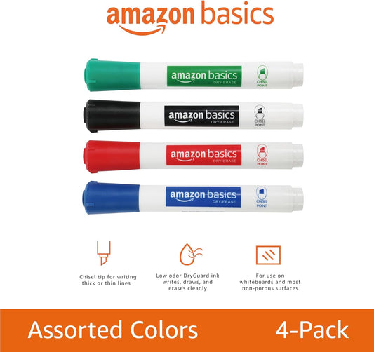 Amazon Basics Dry Erase Whiteboard Markers, Chisel Tip, Low-Odor, Assorted Colors, 12-Pack, Erase Easily